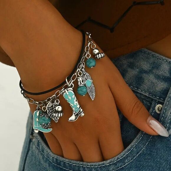 Jewelry - Turquoise Western Blue Tribal Style Charm Bracelet w Boot and Feather